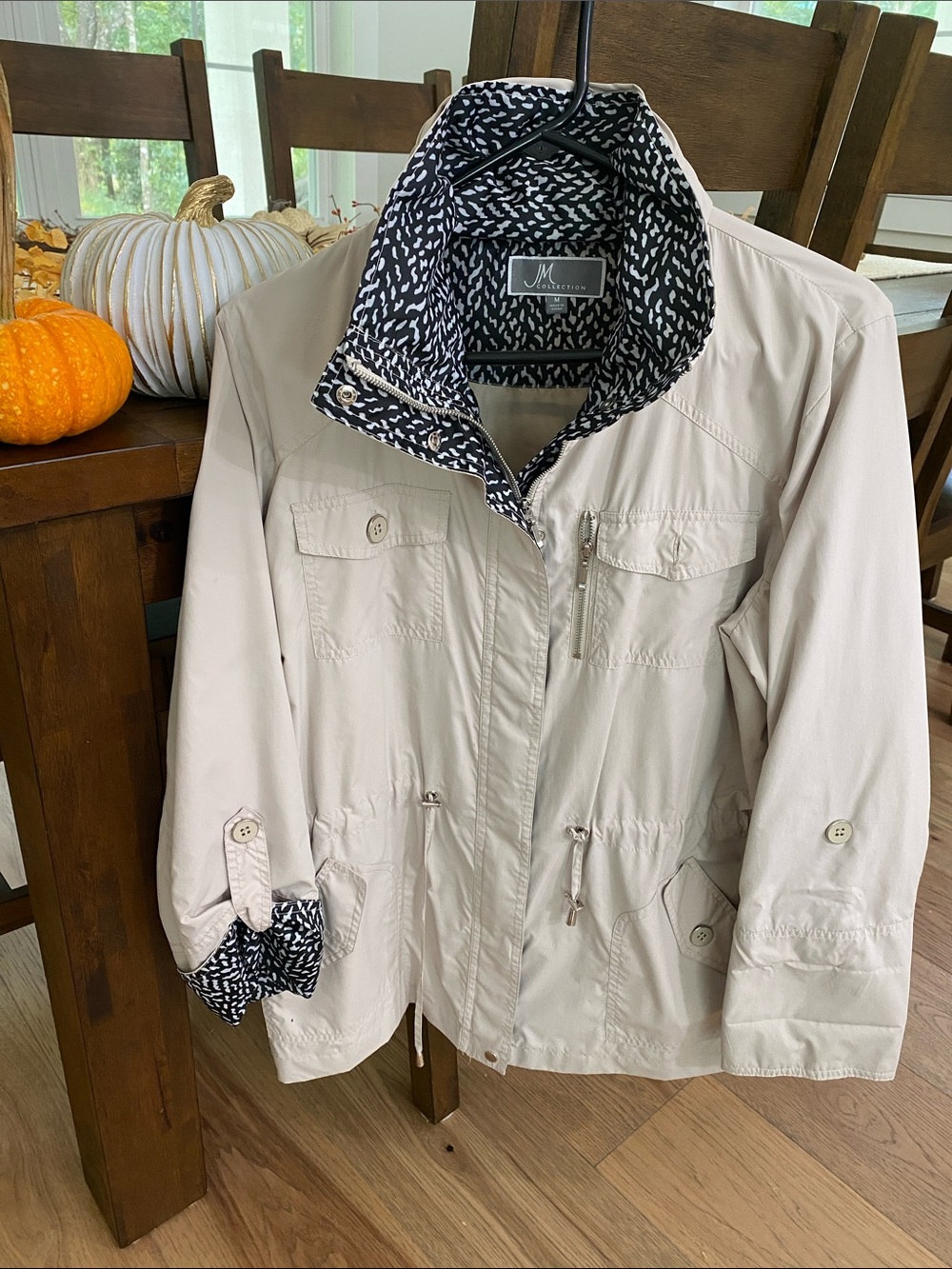 JM Collection Cream Utility Jacket with Navy Printed Lining